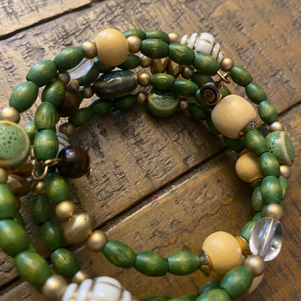 Green and brown wood and stones wrap around bracelet